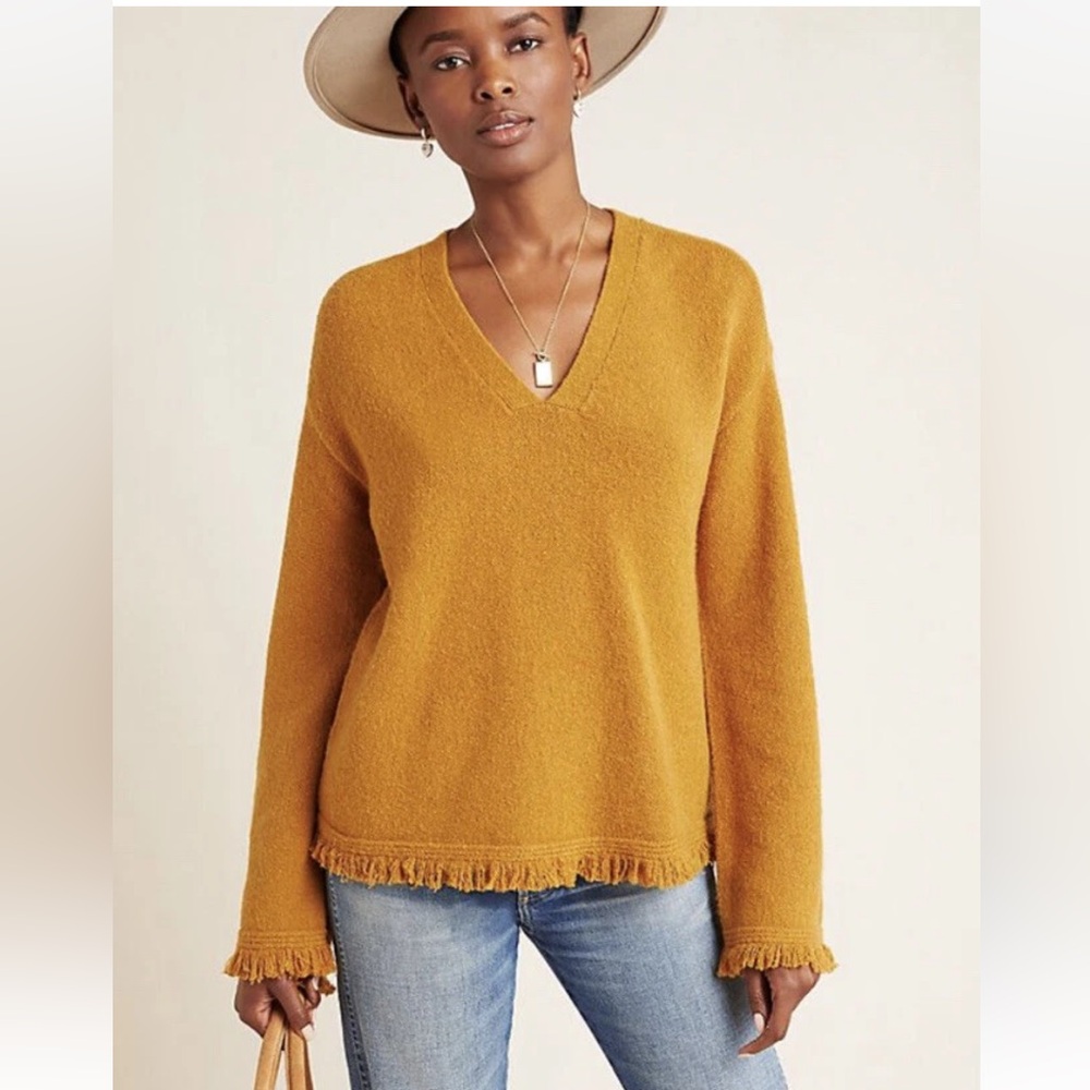Anthropologie Joy Fringe Hem V Neck Sweater in Mustard Yellow